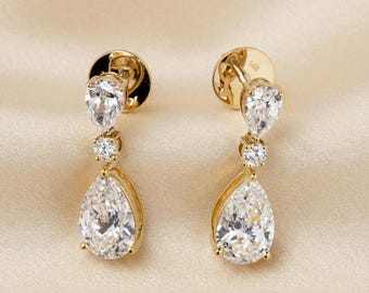 14K Solid Gold Drop Earrings, Pear & Round Lab Grown Diamonds, IGI Certified