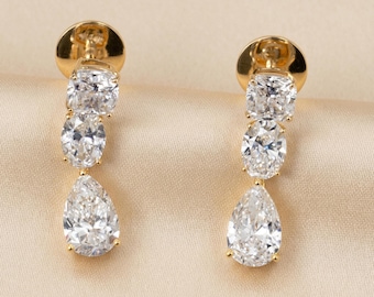 Lab Grown Diamond Drop Earrings, Cushion Oval Pear, 14K Solid Gold, IGI Certified