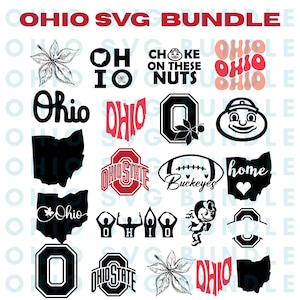 May include: A collection of Ohio-themed SVG designs in red, black, and white. The designs include the state outline, the word "Ohio" in various fonts, a football, and the Ohio State logo. The text "Ohio SVG Bundle" is at the top.