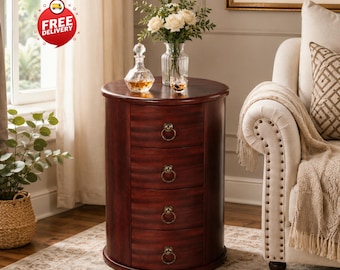 Solid Wood Round End Table, Cherry Brown Mid Century Nightstand, Four Drawers