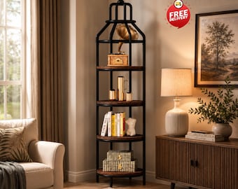 Industrial Birdcage Bookshelf, 4 Tier Round Etagere Bookcase, Tall Rustic Display Storage Shelf