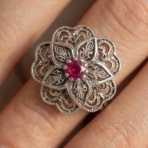 Ruby Filigree Silver Floral Ring Adjustable Handcrafted Jewelry
