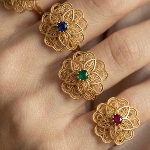 Handmade Floral Ring Gold Plated Silver Flower Adjustable Filigree Jewelry