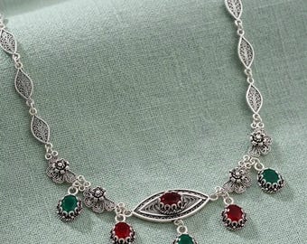 Ruby Emerald Filigree Silver Necklace | Handmade Sterling Statement Pendant | Artisan Wirework Gemstone Necklace