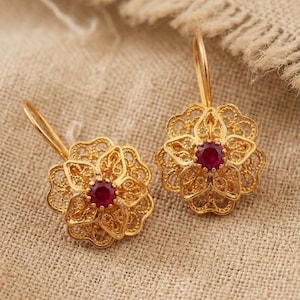 Raw Ruby Flower Earrings 925 Silver Gold Plated Handmade Filigree Jewelry