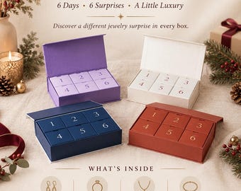 Puede incluir: Un calendario de adviento de joyería de 6 piezas con cuatro cajas abiertas en morado, blanco, azul marino y terracota, cada una con seis compartimentos numerados. El texto dice: Limited Edition 6-Piece Jewelry Advent Calendar, 6 Days, 6 Surprises, A Little Luxury, Discover a different jewelry surprise in every box, What's Inside, 2 Pairs of Earrings, 2 Adjustable Rings, 1 Necklace, 1 Bracelet, Jewelry styles vary, Surprise assortment, A Thoughtful Gift For Her, Limited Quantities.