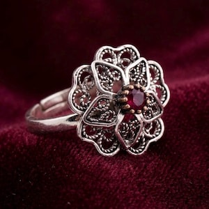 Handcrafted 925 Sterling Silver Ruby Flower Ring Victorian Style Filigree Floral Jewelry
