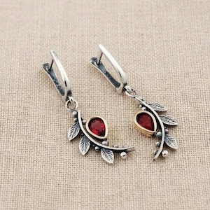 Ruby Leaf Handmade Silver Earrings 925 Sterling Red Stone Dangle