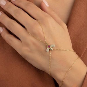 Bienenhandkette aus 925er Sterlingsilber mit rubinrotem Kristall, vergoldeter Statement-Schmuck