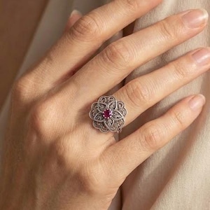 Ruby Filigree Silver Floral Ring Adjustable Handcrafted Jewelry