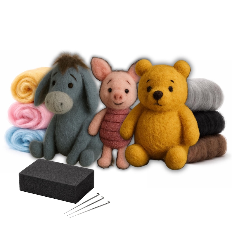 May include: A needle felting kit featuring three felted figures: a grey donkey, a pink piglet, and a yellow bear. The set includes rolls of wool roving in yellow, pink, blue, grey, black, and brown, a black rectangular foam block, and three needles.