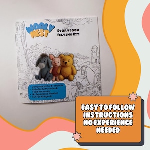 May include: A Wooly Nest Storybook Felting Kit featuring a white cover with black line art illustrations of characters. Three small felted figures of a grey donkey, a pink pig, and a yellow bear are centered. Text includes "Complete Kit for 3+ Projects."