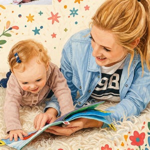 Può includere: Un'illustrazione digitale di una persona con capelli biondi raccolti in una coda di cavallo, che indossa una camicia di jeans azzurra sopra una maglietta bianca con la scritta 98, intenta a leggere un libro con un bambino dai capelli biondi ricci e una molletta blu, circondati da fiori, stelle e cuori colorati.
