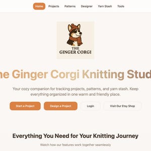 Puede incluir: Una página de inicio del sitio web de "The Ginger Corgi Knitting Studio" con un logotipo de corgi que lleva un sombrero y una bufanda. El sitio presenta enlaces de navegación, un eslogan y botones para proyectos, diseño y acceso a la tienda Etsy. La combinación de colores es principalmente crema y naranja.