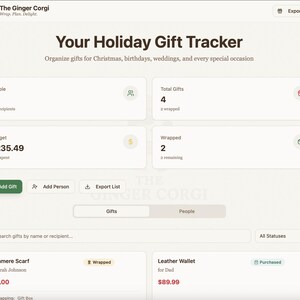 Op de afbeelding: Een webpagina getiteld "Your Holiday Gift Tracker" met secties voor cadeau-ontvangers, totaal aantal cadeaus, budget en ingepakte cadeaus. De pagina bevat een zoekbalk en details voor een kasjmier sjaal en een leren portemonnee.