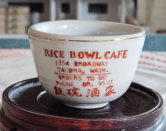 Vintage Chinese Restaurant Advertising Teacup The Rice Bowl in Tacoma, WA 1950's