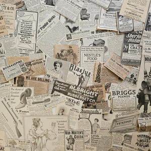 May include: A collage of vintage newspaper clippings, featuring advertisements, articles, and illustrations. The sepia-toned papers are layered, creating a textured background. The theme is historical ephemera.