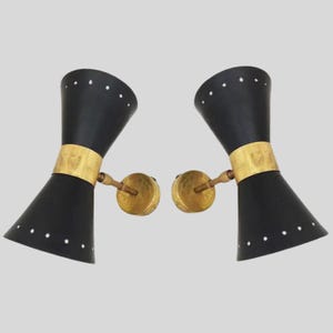 Vägglampa i svart och mässing, set om 2 - Konisk vägglampa i rå mässing, dubbla sänglampor, modern väggbelysning för vardagsrum bild 1