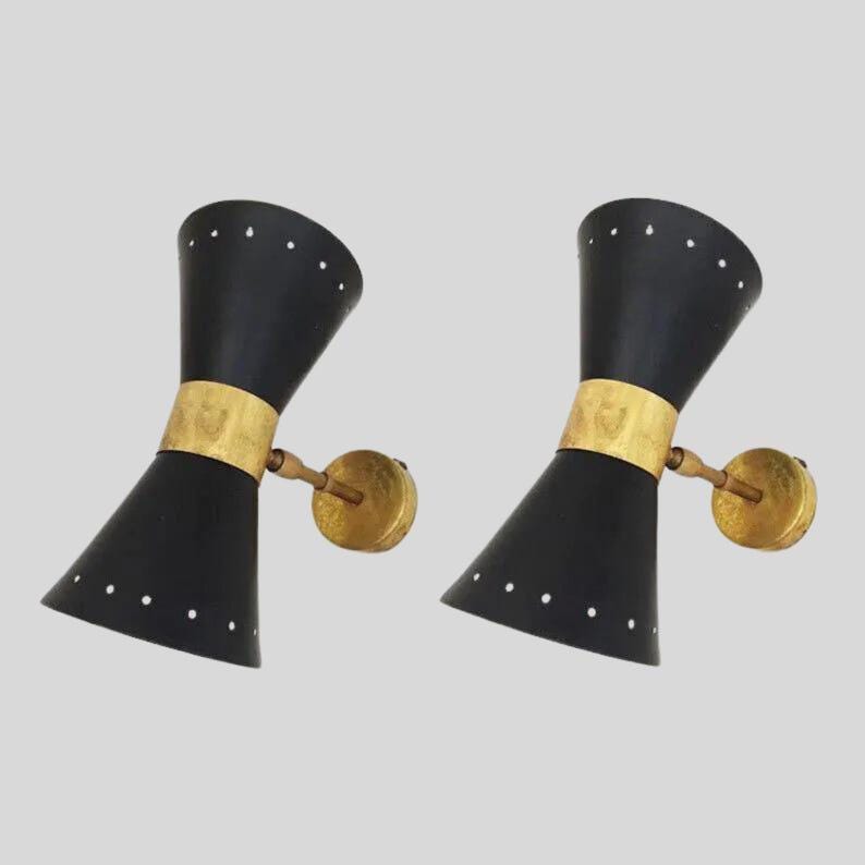 Vägglampa i svart och mässing, set om 2 - Konisk vägglampa i rå mässing, dubbla sänglampor, modern väggbelysning för vardagsrum bild 3