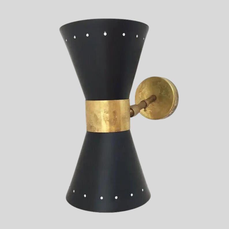 Vägglampa i svart och mässing, set om 2 - Konisk vägglampa i rå mässing, dubbla sänglampor, modern väggbelysning för vardagsrum bild 2