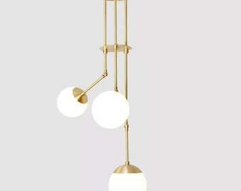 Italian Mid-Century Sputnik Chandelier, Glass Globe Brushed Brass Ceiling Lamp Modern Lighting Fixture