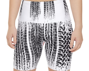 Black Tire Tread Pattern Women's Workout Shorts | Biker Track Activewear