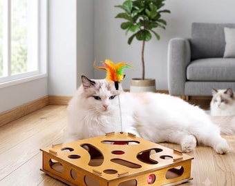 Wooden Cat Puzzle Toy Box with Feather Spring & Track Balls | Interactive Cat Enrichment Toy |