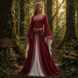 May include: A floor-length deep red gown with long flared sleeves and a white underskirt, featuring intricate white embroidery along the neckline, waist, and hem. A brown leather belt with a sword and small pouches is worn over the dress.