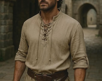 Camisa Viking Renascentista, Túnica Pirata Medieval Masculina, Camisas de Linho para Feiras Renascentistas, Traje Vintage de Pirata Viking, Túnica Celta Romana para LARP Masculino