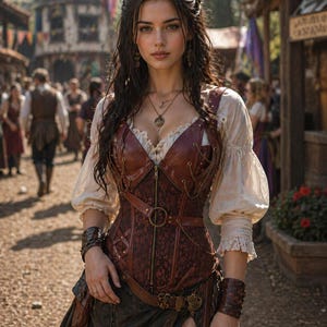 May include: A woman in a burgundy corset with a front zipper, paired with a white blouse with puffy sleeves. The corset has decorative stitching and is worn with a brown belt. The woman is wearing a dark skirt and leather wrist cuffs.