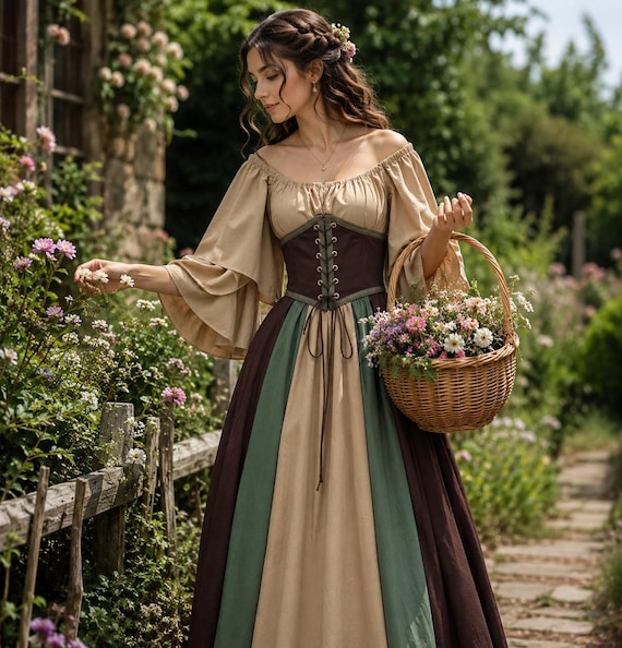 Cottagecore Medieval Fantasy Dress, Viking Elven Bell Sleeve Women Dress, Renaissance Faire Larp Costume, Medieval Dress With Corset Top