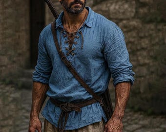 Viking Pirate Shirt for Men, Renaissance Medieval Tunic, Cosplay Costume Top, Lace Up Ren Fair Outfit, Rustic Men Viking Cosplay Shirt