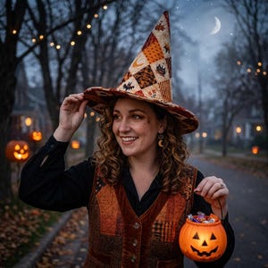 Puede incluir: Un sombrero de bruja alto y puntiagudo con un diseño de patchwork en tonos naranja, marrón y crema con patrones de murciélagos y lunas. Se lleva con un chaleco acolchado marrón y un pequeño cubo de dulces de calabaza naranja brillante.