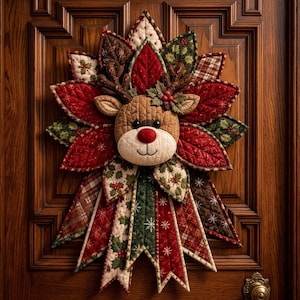Quilted Christmas Wreath, Fabric Poinsettia Door Hanger, Reindeer Snowman Gingerbread Design, Handmade Farmhouse Holiday Wall Decor