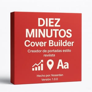 Pode incluir: Uma caixa vermelha com texto branco que diz "DIEZ MINUTOS Cover Builder". Abaixo do título está "Creador de portadas estilo reviista". A caixa também inclui um gráfico, um marcador de localização e as letras "Aa."