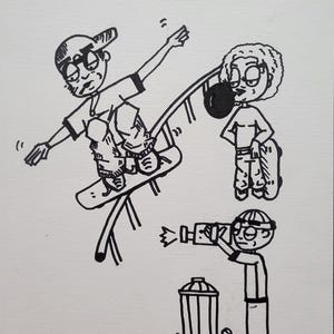 Puede incluir: Dibujo a tinta en blanco y negro de tres figuras: una en monopatín, otra soplando una burbuja y otra mirando a través de una cámara. La obra está firmada y fechada.