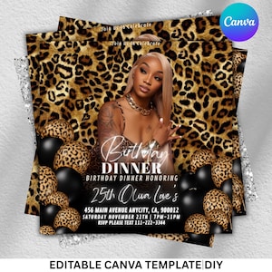 Leopard Print Birthday Flyer, Gold Dinner Invitation, Social Media Evite, DIY Birthday Party Template, Party Flyer Invite, Canva Editable