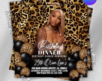 Leopard Print Birthday Flyer, Gold Dinner Invitation, Social Media Evite, DIY Birthday Party Template, Party Flyer Invite, Canva Editable