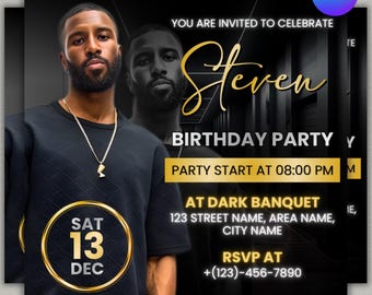 Black & Gold Birthday Invitation, Digital Party Flyer Template, Men's Video Invite, Birthday Invite Digital Download Canva Editable Template