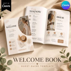 May include: A welcome book guest guide template featuring a warm beige color palette. The open pages display text including A WARM WELCOME, THINGS TO KNOW, and A LOVELY HOUSE, alongside circular photo inserts of a person in a hat and icons for amenities.