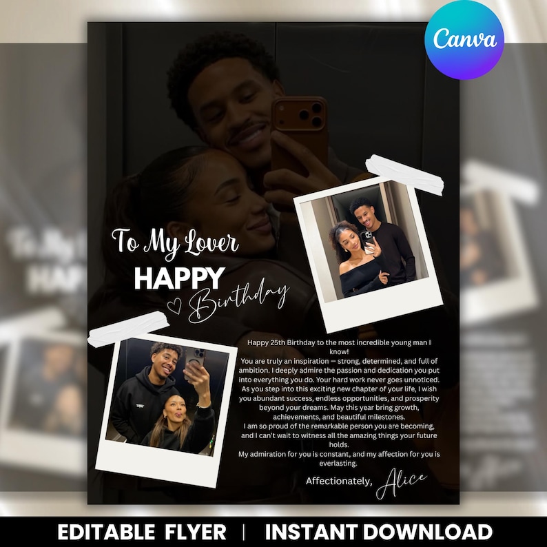 Romantic Birthday Flyer, Canva Editable Template (Digital Download)