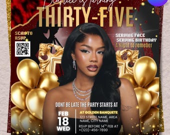 35th Birthday Red Gold Leopard Invitation, An age invite, Glam Gold Video Party Flyer, Elegant Dinner Evite, Canva Editable Template