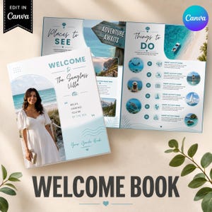 Può includere: Un modello di libro di benvenuto per una casa vacanze intitolato The Seaglass Villa. La copertina presenta la foto di una persona con un abito bianco su una spiaggia. Le pagine interne includono sezioni per luoghi da vedere e attività con icone, segnaposto di testo e immagini costiere.