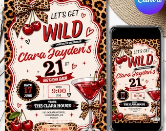 Cheetah Print Birthday Invitation Template, Neon Red Cherries Leopard Bday Party Invite, Glam Girls Night Out, Bachelorette, Canva Editable
