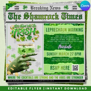 May include: St. Patrick's Day themed flyer with a newspaper design. The headline reads "The Shamrock Times" with green text and shamrock accents. Includes text "Let's Drink, Eat & Be Irish" and "Leprechaun Warning".
