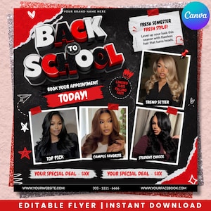 May include: A promotional flyer titled BACK TO SCHOOL featuring four photographs of individuals with different hairstyles. The design includes red and black accents, text boxes for special deals, website information, and a phone number 333-1111-6666.