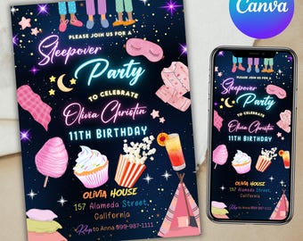 Editable Sleepover Party Invitation - Slumber Birthday Invite, Girls Sleepover Birthday Invitations, Pink Slumber Party, Canva template