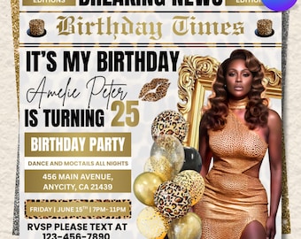 Newspaper Birthday Invitation, Leopard Print Glam Party Evite, Social Media Flyer Template, Digital Birthday Dinner Invite, Canva Editable