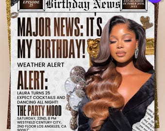 Newspaper Birthday Invitation, Leopard Print Glam Party Evite, Social Media Flyer Template, Digital Birthday Dinner Invite, Canva Editable