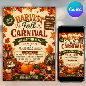 May include: A digital flyer and smartphone display for a Harvest Fall Carnival on Sunday, October 18, 2026, at Riverbend Farms. The design features autumn leaves, pumpkins, a lantern, and a wooden wagon wheel with event details and activities.